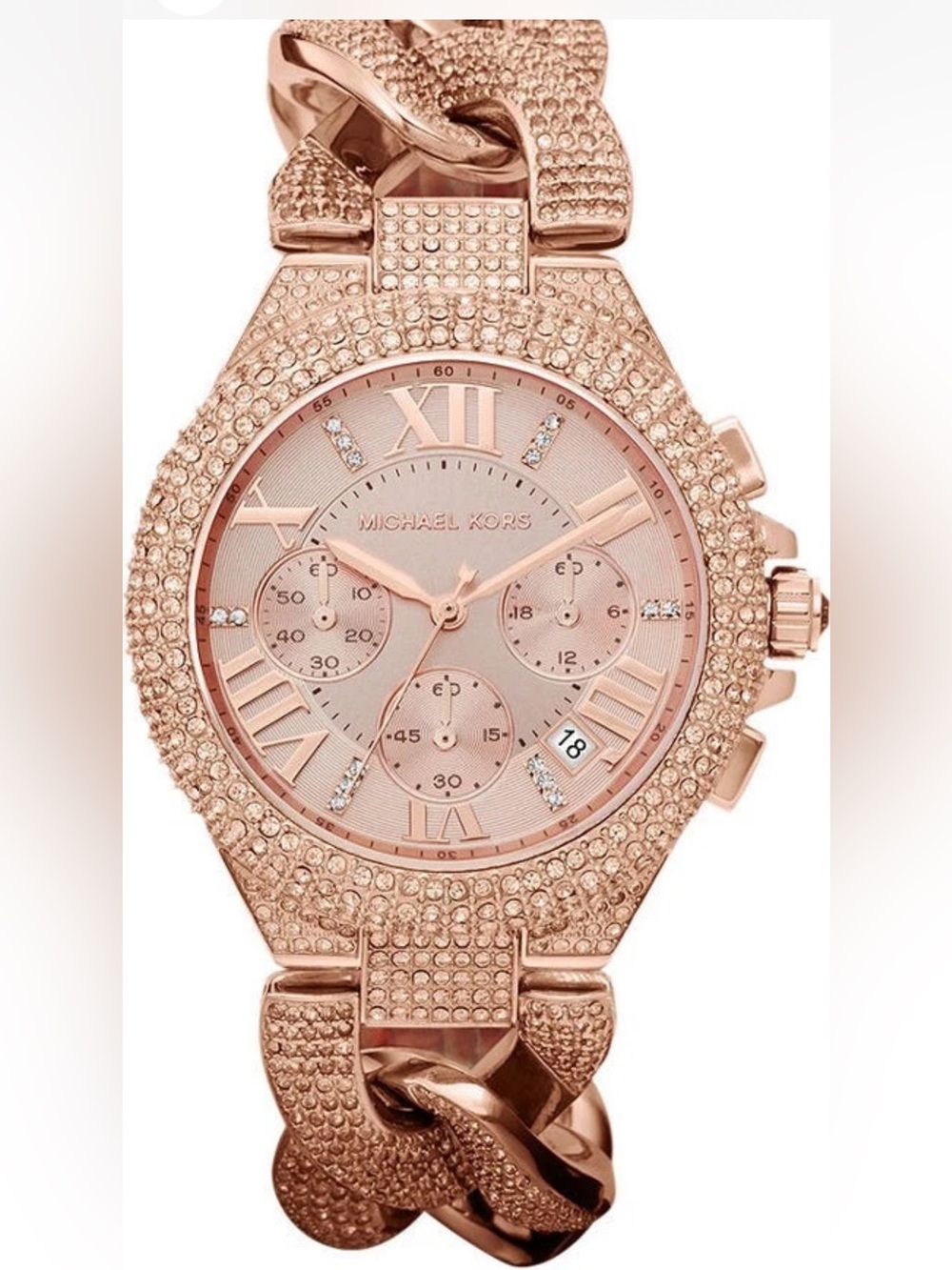 Michael Kors Women’s Rose Gold Crystal Pavé Chronograph Watch EUC MK3196 44MM
